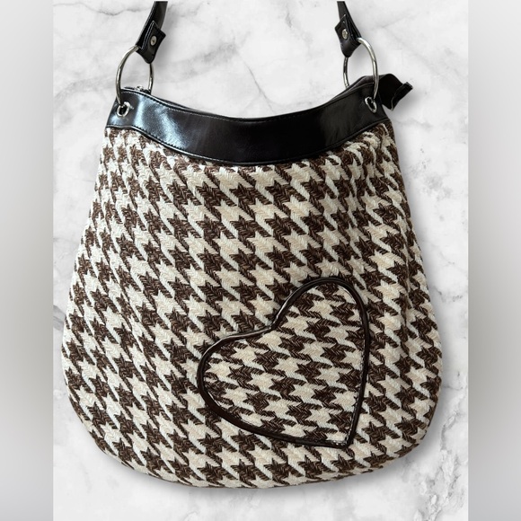 Vintage Houndstooth Fashion Express Brown Cream Satchel Bag Purse Heart Pocket - Picture 4 of 14